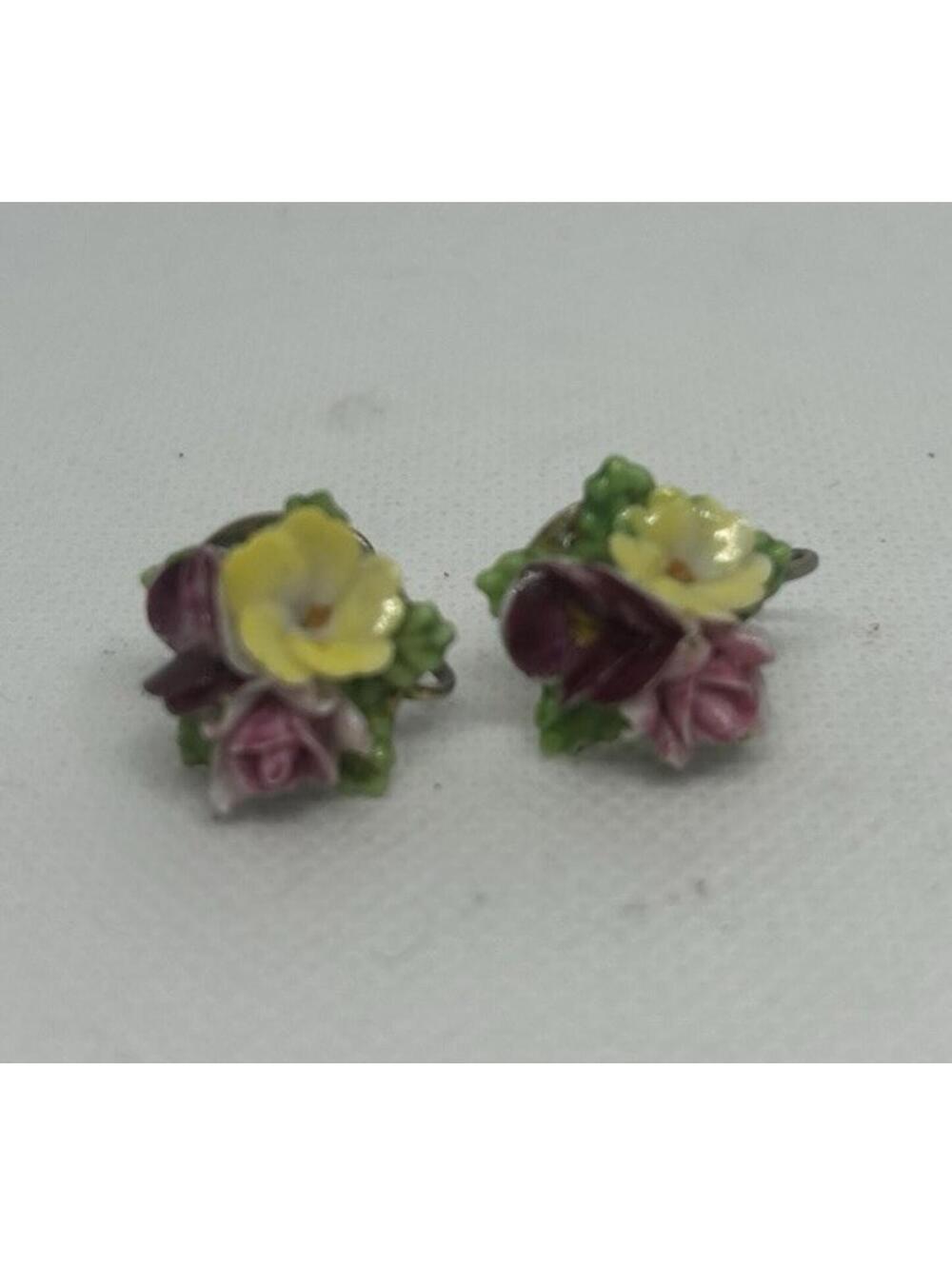 Vintage Porcelain Floral Screw Back Earrings Yellow Purple Flowers Japan
